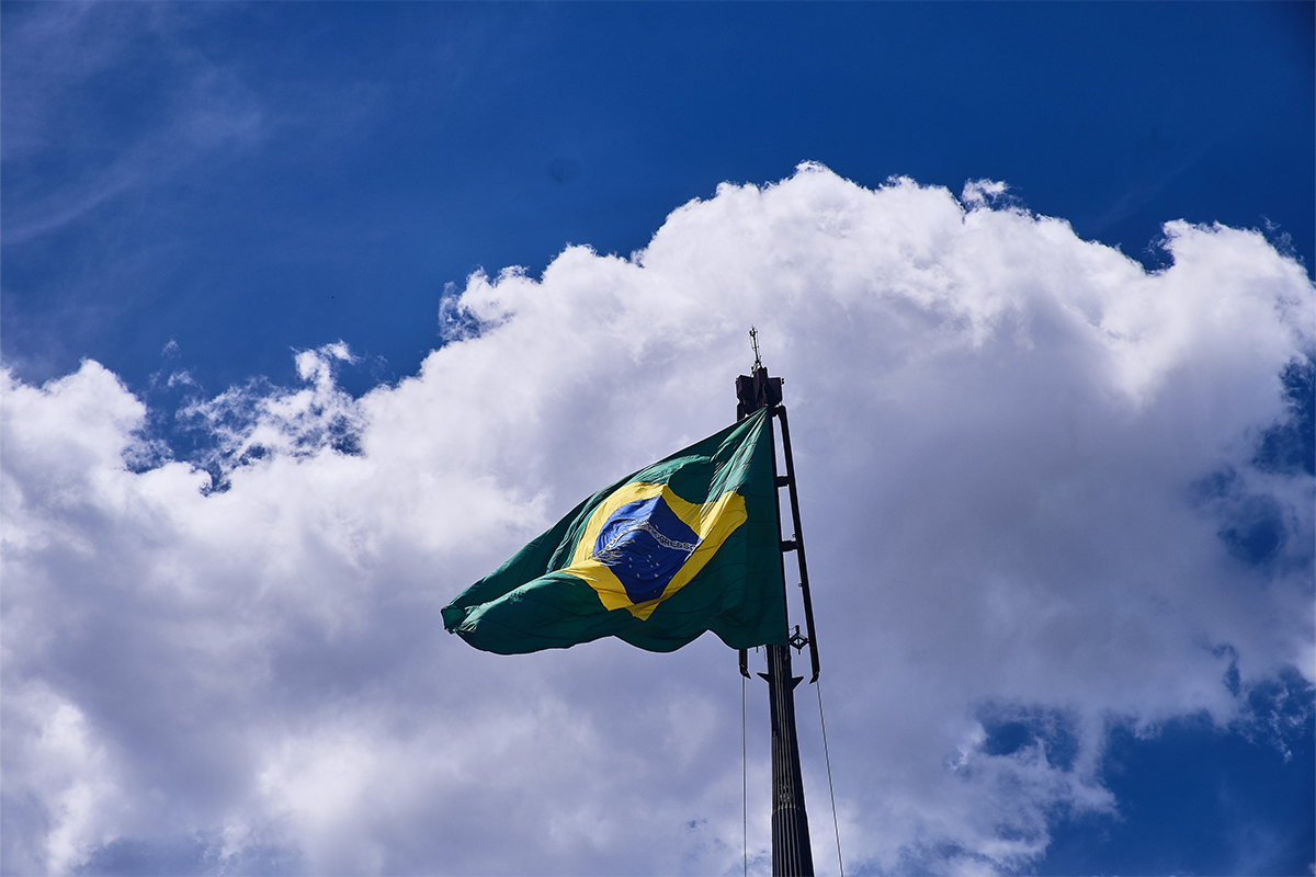 Bandeira do Brasil erguida ao céu simbolizando ideologia política e contexto eleitoral